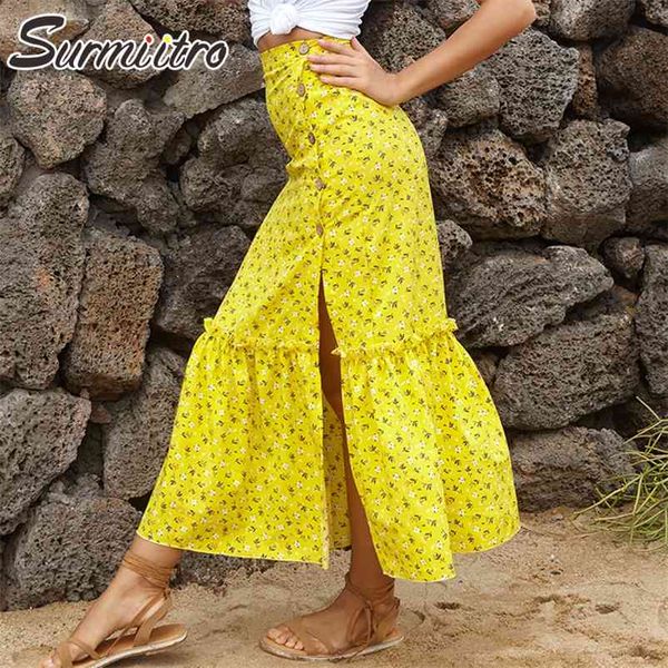 

slit long skirt women spring summer fashion yellow red black daisies print high waist sun maxi female 210421