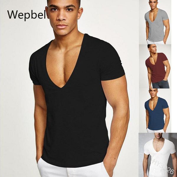 

men's t-shirts wepbel deep v short sleeve t-shirt sports large v-neck slim tight solid color plus size summer men, White;black