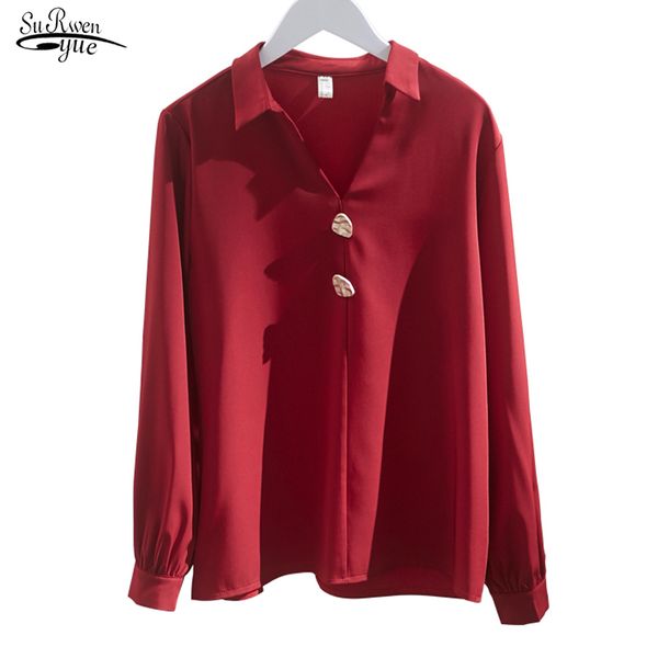

spring v-neck chiffon shirt women plus size lantern sleeve pullover blouse long red blusas mujer 8921 50 210508, White
