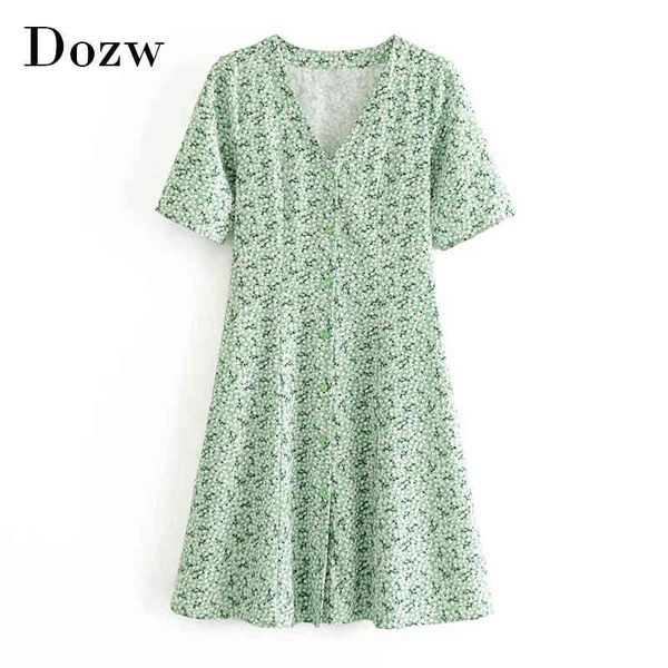 

summer v neck floral print dress casual short sleeve mini dress women single breasted retro a line dress femme robe 210414, Black;gray