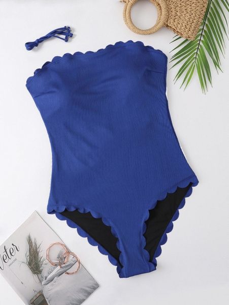 

plus scallop trim bandeau one piece swimsuit m3s9#, Black