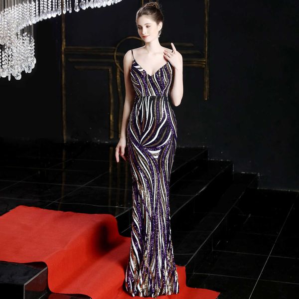 

luxury evening dress 16002# high end sequin stripe color matching slim fit dinner host annual meeting suspender long dr, Black;gray