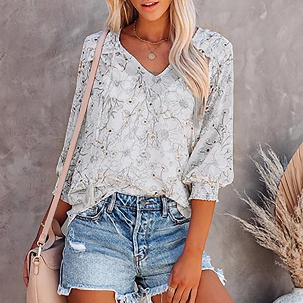 

women's blouses & shirts blouse 2021 women plus size small daisy print v-neck three-quarter sleeve shirt summer female blusas femme, White