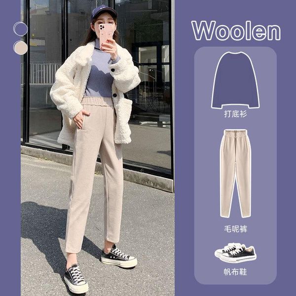 

woolen pant high waist pocket trousers work plus size black brown white sweatpants warm winter wool pants korean 2021 clothes women's &, Black;white