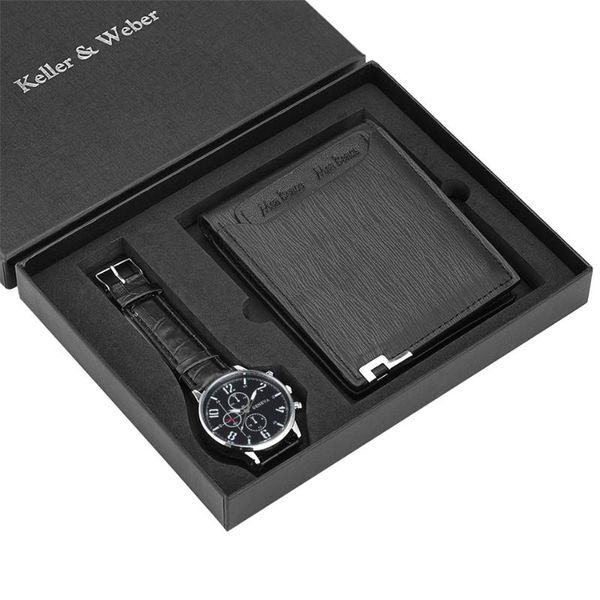 

wristwatches keller & weber black men's wallet quartz wristwatch gift set fashion purse birthday/xmas present sets for male, Slivery;brown