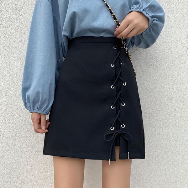 

skirts vintage summer bandage mini womens harajuku high waist club black plus size lace up faldas mujer