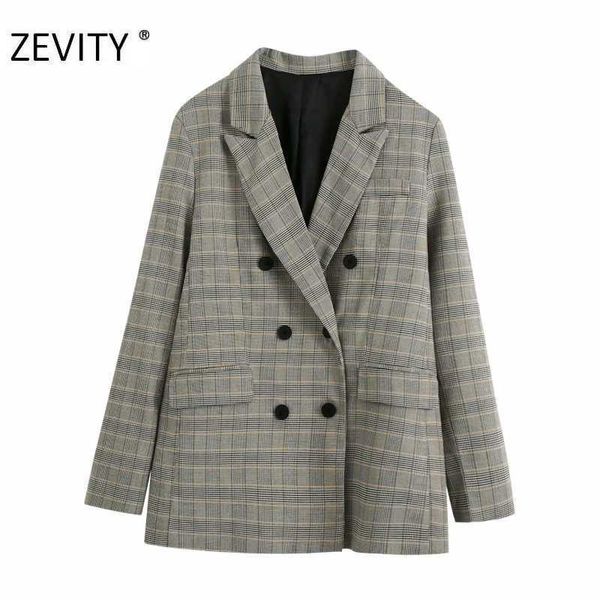 

zevity women chic plaid printing leisure blazer coat ladies long sleeve double breasted casual slim outwear suits ct585 210603, White;black
