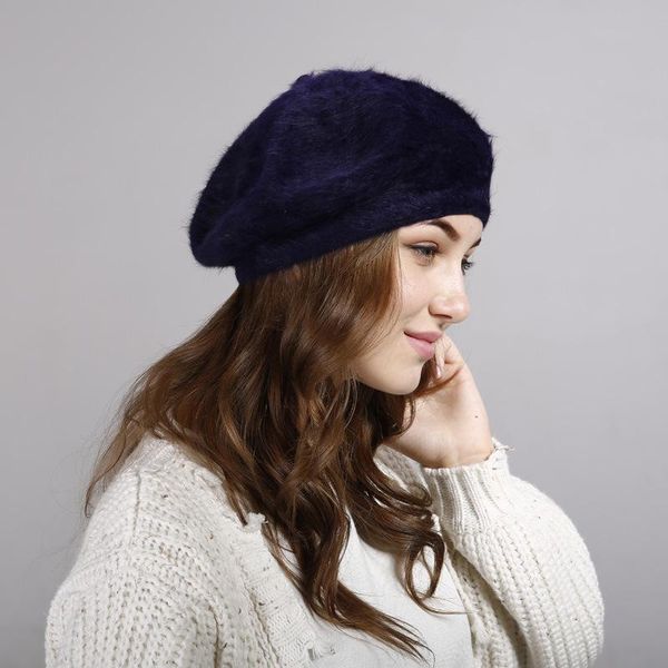

berets women's beret winter hat female fur warm solid color ladies casual all-match painter beanie, Blue;gray