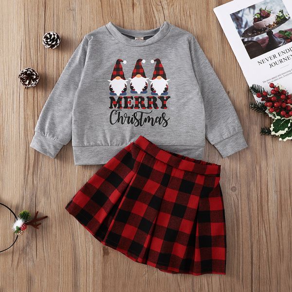 Xmas bebê meninas roupas conjuntos primavera outono moda menina roupas 2 pcs santa impressa manga longa top + xmet saia xadrez set para middle criança terno crianças roupas