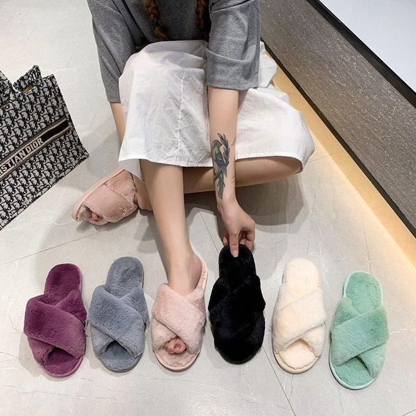 

women home slippers cross faux fur ins fashion warm soft shoes indoor cotton thickened leak-toe slides, Black