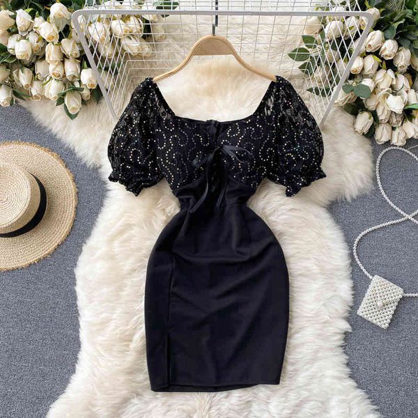

women embroidery sequins lace puff sleeve buttocks dress square collar slim short fashion spring summer 11b756 210525, Black;gray