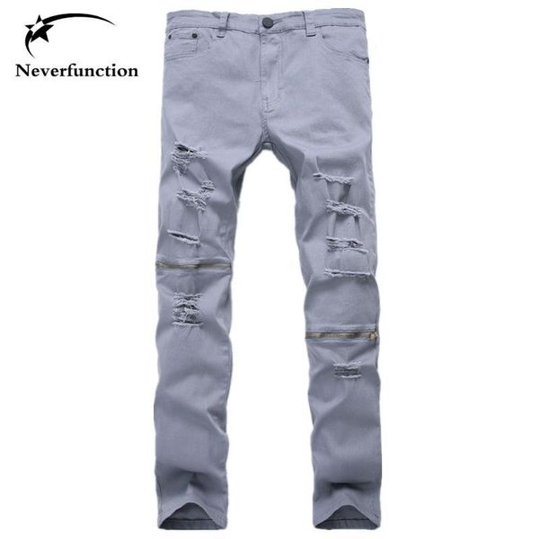 

european american style fashion men's casual ripped pencil trousers skinny zipper knee jeans for men denim joggers pants, Blue