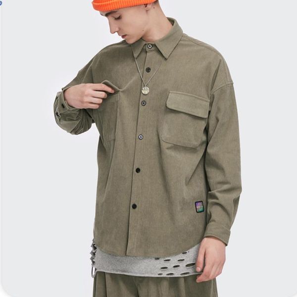 

men's casual shirts harajuku corduroy woman 2021 turn down collar solid long sleeve cardigan jacket coats front pockets unisex, White;black