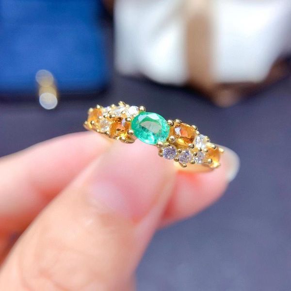 

cluster rings meibapj natural emerald gemstone flower ring for women real 925 sterling silver charm fine wedding jewelry, Golden;silver