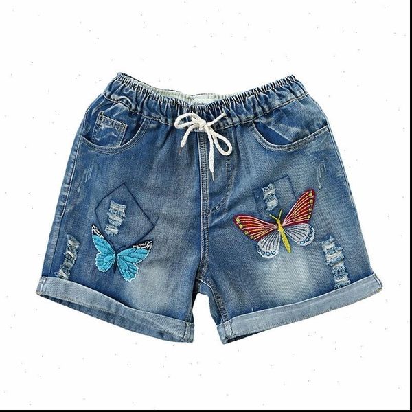 

vintage embroidery butterfly holes women jeans cotton denim shorts summer casual loose plus size  xxl, Blue