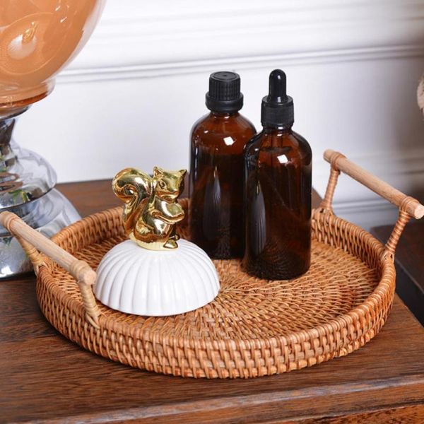 

storage baskets rattan tray hand-woven breakfast basket wood tea bread cake wicker round serving with handles for home