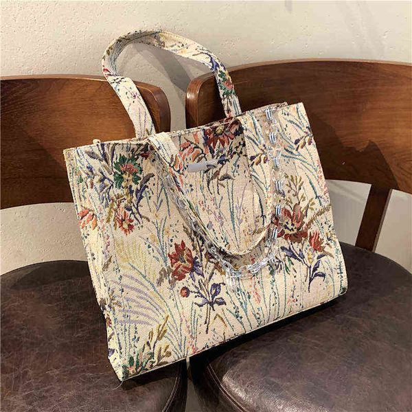 

shopping bags luxury brand oil painting flower big tote for women fancy chain handle shoulder large capacity ladies shopper 220307