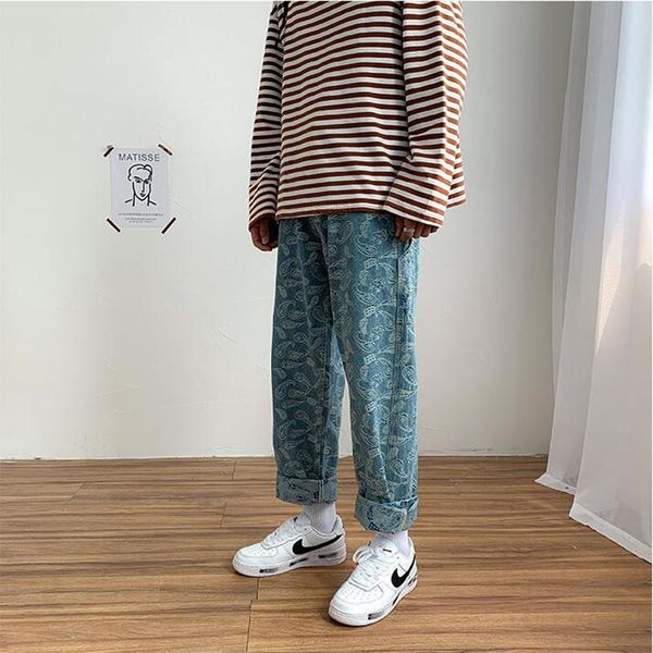 

men's jeans fall feeling wide leg nine cent men summer logo all-match teen loose straight, Blue