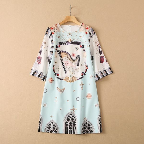 

casual dresses european and american women's clothing spring seven-point sleeve nail beads fashion guzheng print dress rvt9, Black;gray