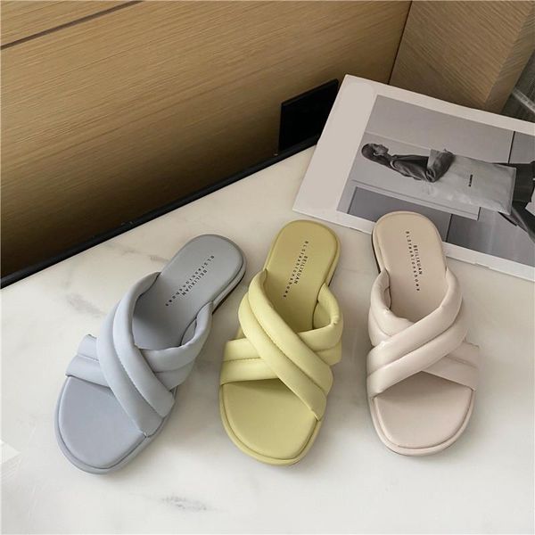 

slippers low shoes woman's slides fashion 2021 flat soft luxury scandals fretwork pu casual fabric basic rubber hoof heels, Black