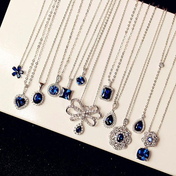 

pendant necklaces fashion royal blue cubic zirconia necklace rose flower square shape stone bowknot heart rectangle various women jewelry, Silver
