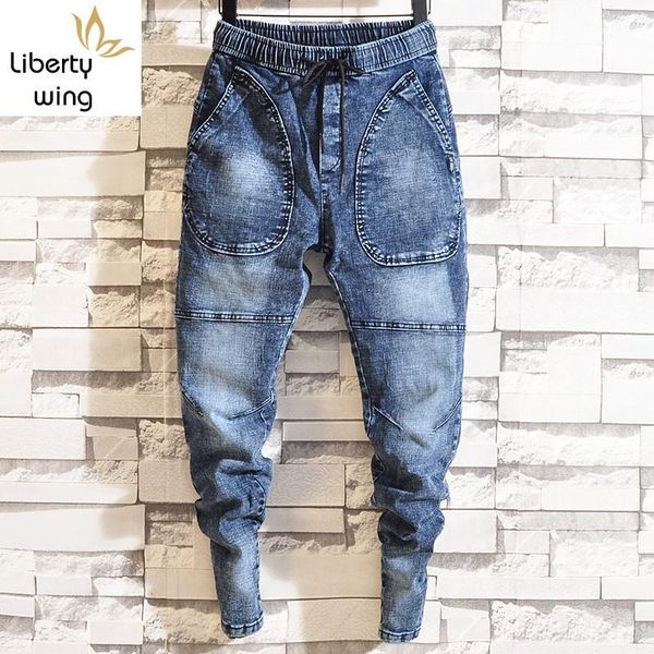 

men's jeans spring mens elastic waist harem male joggers trousers casual hip hop denim long streetwear ankle banded pants, Blue