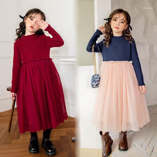 

teen girls 2021 spring mesh patchwork princess dress korean style children knitting clothing fashion elegant, #92651, Red;yellow