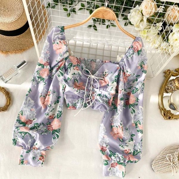

floral print blouse women mesh shirts pink sweetheart neckline lantern sleeve ruched white blusas vintage shirt women's blouses &