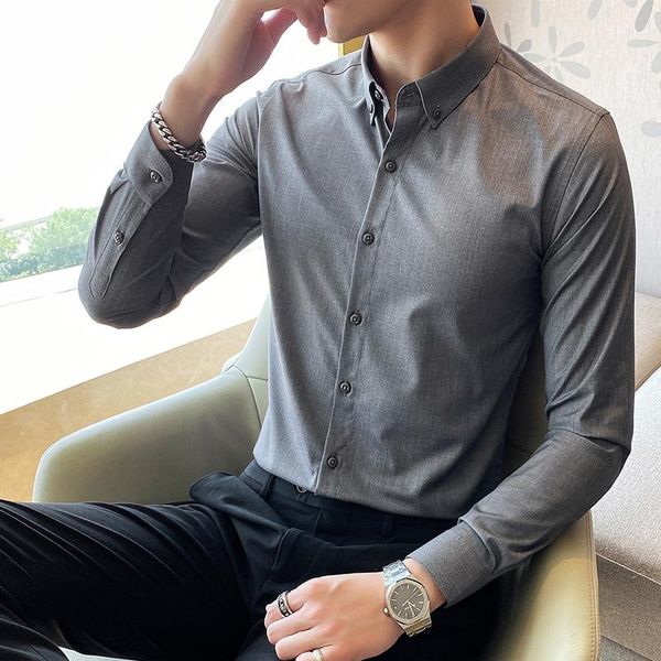 

men's casual shirts gray/white dress shirt men clothing 2022 long sleeve simple all match slim fit office blouse homme formal wear, White;black