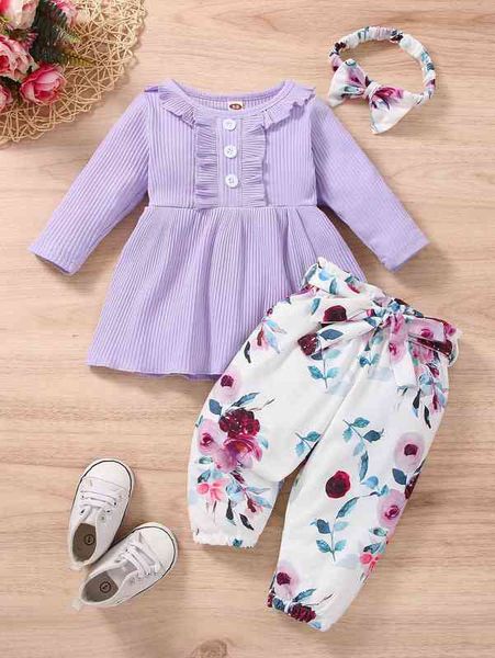 

baby ruffle trim peplum & floral print belted pants with headband she, White