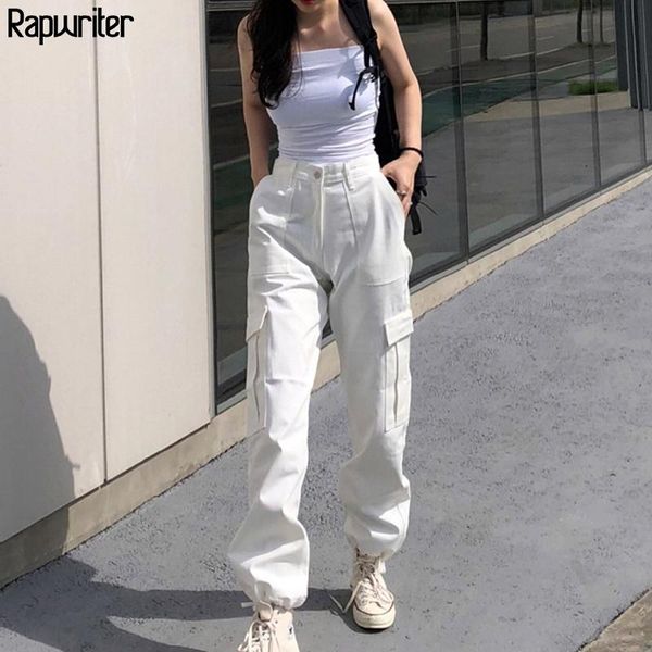 

women's pants & capris rapwriter streeetwear elastic high waist cargo women 2021 summer solid harajuku drawstring joggers trousers pock, Black;white