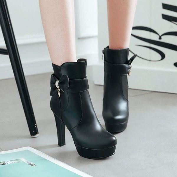 

boots big size 11 12 13 14 euro-american wind round-head round-heel waterproof platform side zipper bow, Black