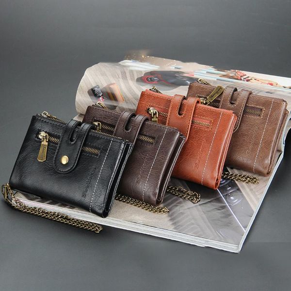 

men's wallet pu leather short male multi-card purse zipper poucht retro three fold chain money bag wallets, Red;black