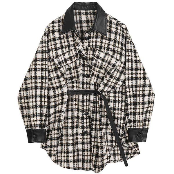 

women's winter plaid coat jacket casual with belt elegant fashion spring coats 210515, Black