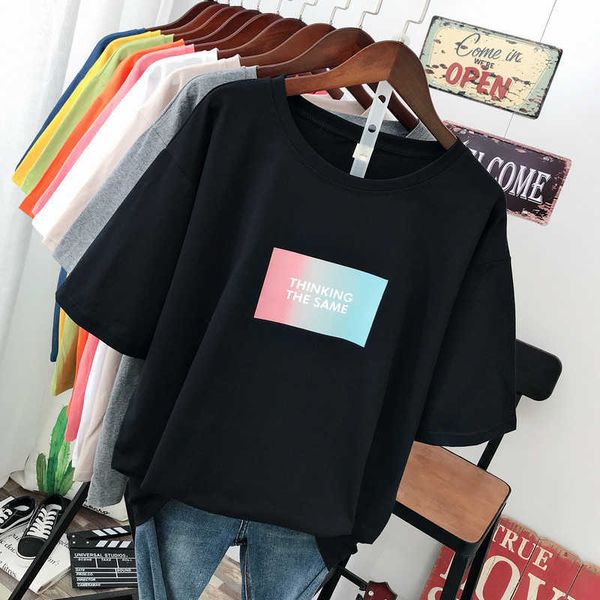 

large size summer street fashion casual women's t-shirt loose short sleeve pullovers 100% cotton letter printing 210621, White