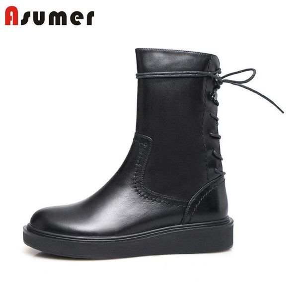 

boots asumer 2021 fashion genuine leather flat with platform ankle women zipper cross tied round toe shoes, Black