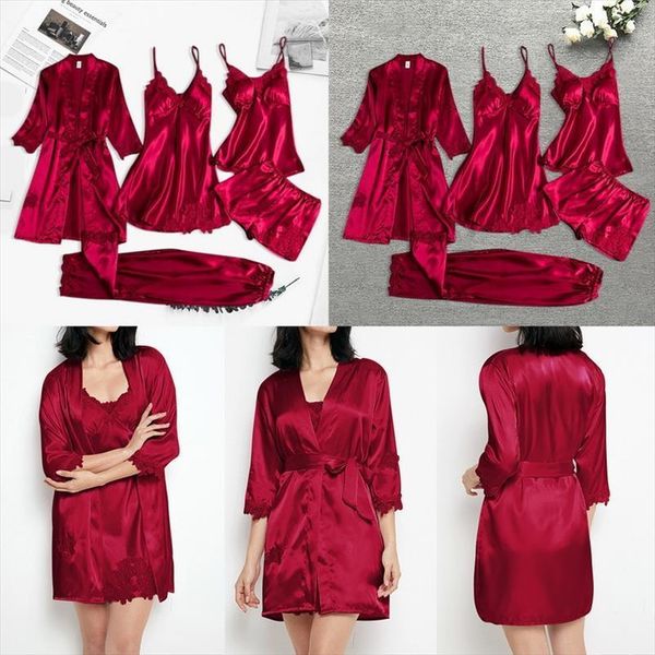 

5pcs pajamas set satin women sleepwear pyjamamas lace patchwork bridal wedding nightwear rayon home wear nighty amp robe suit, Black;red