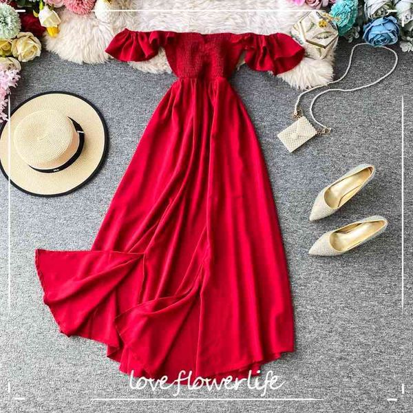 

vintage bohemian off shoulder dress summer slim party split women elegant casual tunic beach holiday dress 210521, Black;gray
