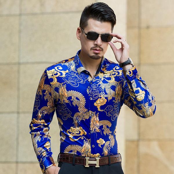 

men's casual shirts 2021 autumn mens china dragon turndown collar military style shirt long sleeve fashion pattern male gold velvet dre, White;black