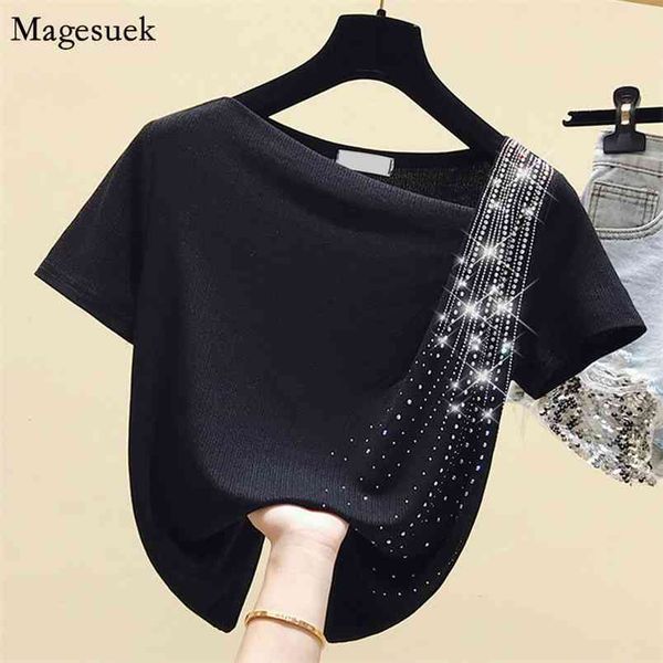

solid short sleeve woman shirt casual women clothing summer slash neck diamonds knit black blouse femme blusas 10016 210512, White