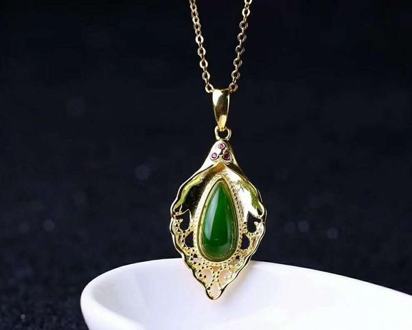 

lockets hetian biyu silver inlay pendant one touch green j18#