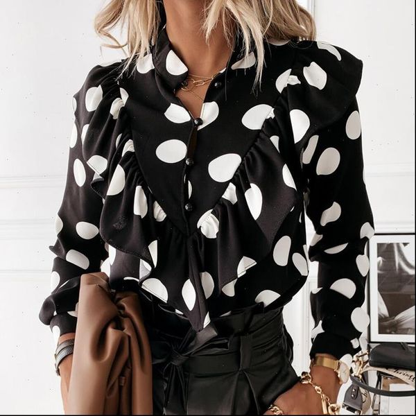 

ruffles chiffon casual women shirt polka dot print button elegant v neck office lady long sleeve blusa, White
