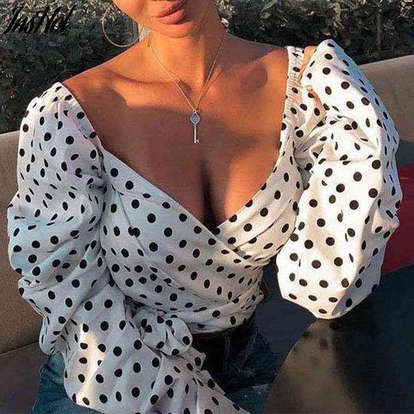 Vintage Polka Dot Kadın Puf Uzun Kollu Wrap Üst Zarif Lace Up Beyaz Kırpma Üst Bluz Seksi Backless Chic Kadın Gömlek 210514