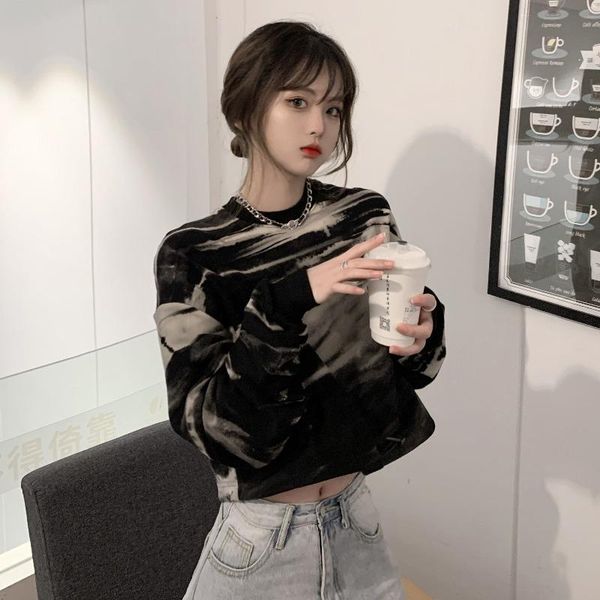 

women's t-shirt spring harajuku style retro print long-sleeved loose short women, White