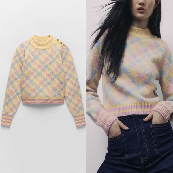 

za cute knit argyle sweater women long sleeve o neck jewel buttons at shoulder pullover female fashion rib trim winter 210602, White;black