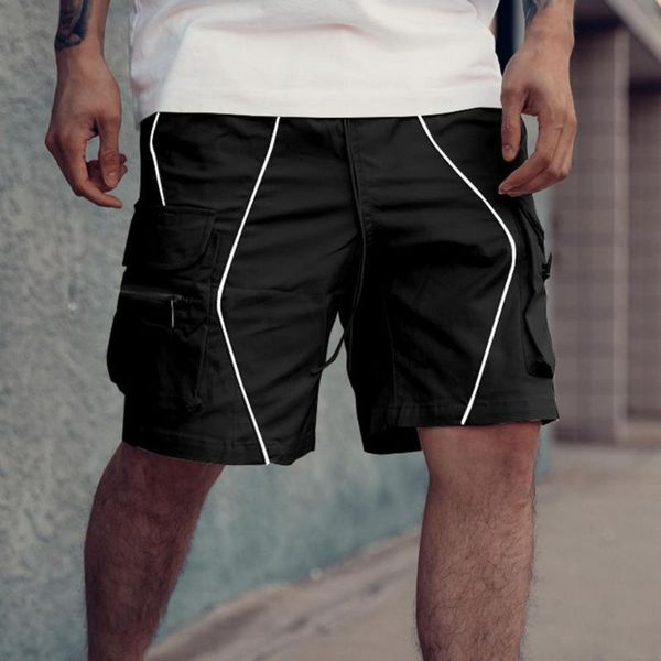 

men's shorts casual 2021 summer cargo drawstring reflective men loose straight pockets short pants for fitness, White;black