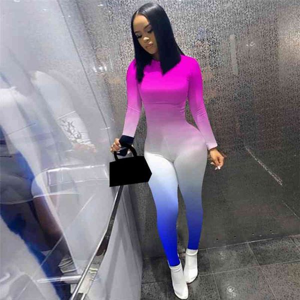 

gradient print long sleeve womens jumpsuit bodycon bandage skinny streetwear autumn winter romper outfits, Black;white