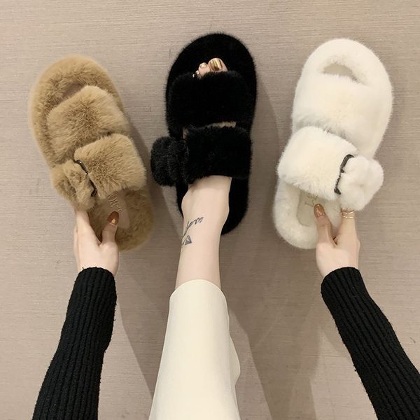 

wool slippers women's autumn and winter korean version double row square buckle slope heel thick bottom warm home cotton, Black