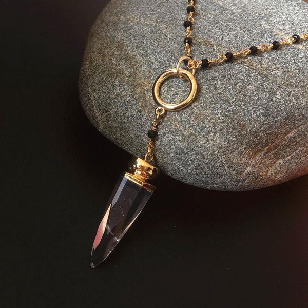 

chains fuwo natural clear quartz neckace, healing crystal piont with 16/18inches black beads winding chain jewelry nc093 4pieces/lot, Silver