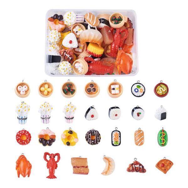 

charms 52pcs/box mixed resin food pendant cake pizza pastry sushi shape for diy earring key chains jewelry making accessories, Bronze;silver